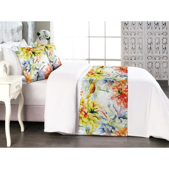 Floral Bed Runner Set, Chrysanthemum Flowers with Pastel Lavender Toned Petal Details, Decorative Bedding Scarf & 2 Pillow Shams for Hotels Homes, Queen, Vermilion Mustard and Green, by Ambesonne