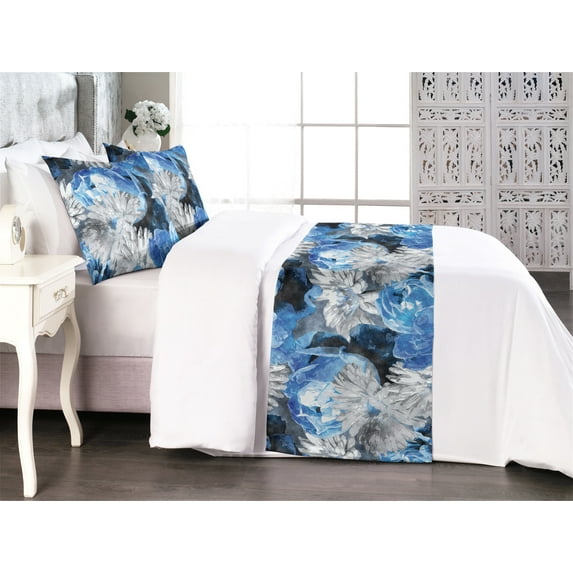 Floral Bed Runner Set, Cold Colors Pattern of Roses and Gerberas Watercolor Concept Garden Motif, Decorative Bedding Scarf & 2 Pillow Shams for Hotels Homes, Queen, Sky Blue Pale Grey, by Ambesonne