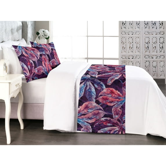Floral Bed Runner Set, Contemporary Art Theme Watercolor Effect Exotic Leaf Pattern Print, Decorative Bedding Scarf & 2 Pillow Shams for Hotels Homes, King, Plum Dark Maroon Sky Blue, by Ambesonne