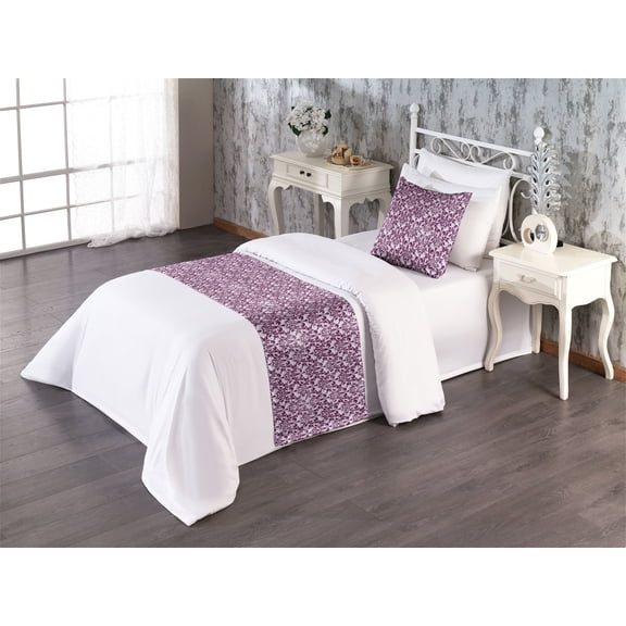 Floral Bed Runner Set, Damask Inspired Grunge Theme Blossom Pattern on Weathered Purplish Background, Decorative Bedding Scarf & a Pillow Sham for Hotels Homes, Twin, Plum Mauve Taupe, by Ambesonne