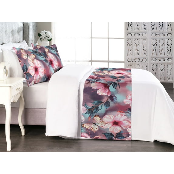 Floral Bed Runner Set, Exotic Design Hibiscus Flowers and Butterflies on Watercolor Bokeh Back, Decorative Bedding Scarf & 2 Pillow Shams for Hotels Homes, King, Pink Plum and Pale Blue, by Ambesonne