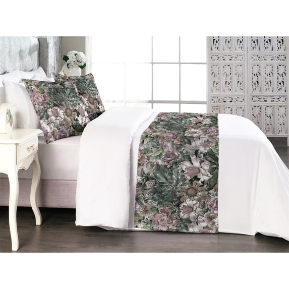 Floral Bed Runner Set, Flourishing Pattern Wild Roses Exotic Botanical Petals Leaves Cold Colors, Decorative Bedding Scarf & 2 Pillow Shams for Hotels Homes, Queen, Sage Green Grey Pink, by Ambesonne