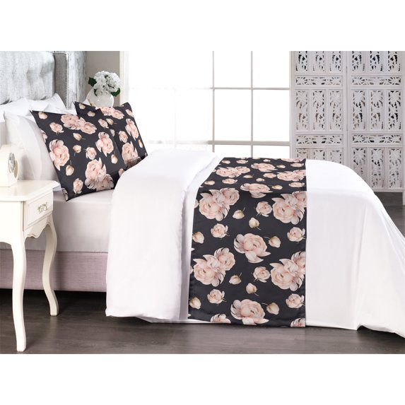 Floral Bed Runner Set, Flower Buds Roses Spring Season Foliage Garden of Romance Pattern, Decorative Bedding Scarf & 2 Pillow Shams for Hotels Homes, King, Dark Purple Mauve and Blush, by Ambesonne