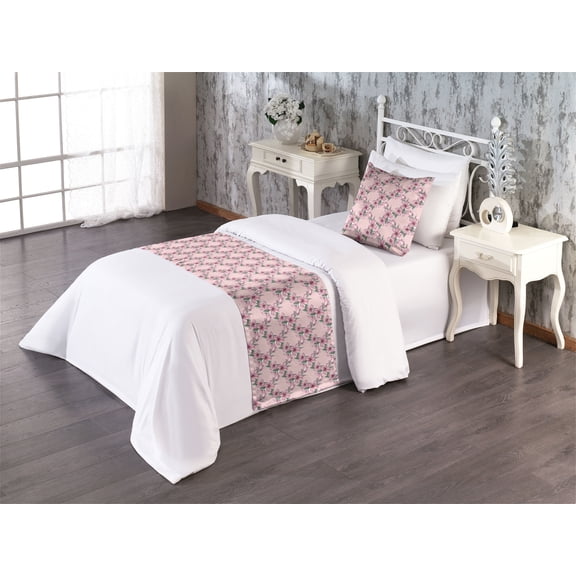 Floral Bed Runner Set, Flowers Grid of Squares Royal Garden Spring Rose Branches Pattern, Decorative Bedding Scarf & a Pillow Sham for Hotels Homes, Twin, Pale Pink and Olive Green, by Ambesonne