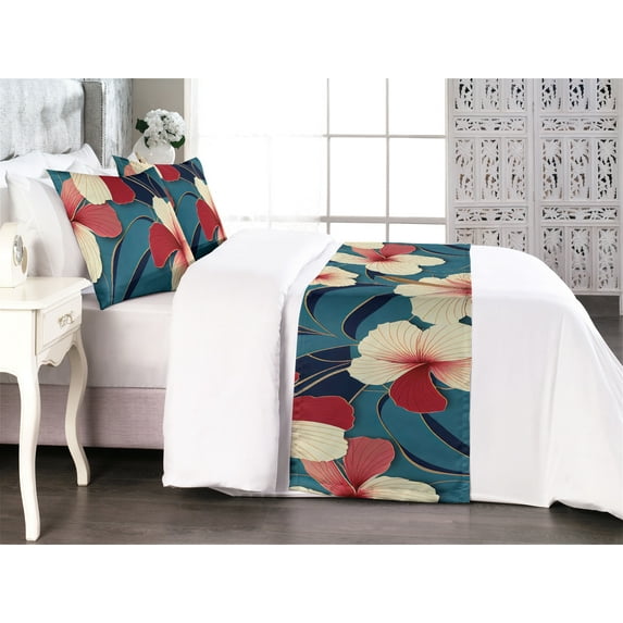 Floral Bed Runner Set, Hibiscus Flower Tropical Leaves Jungle Hawaiian Art Bohemian Aloha, Decorative Bedding Scarf & 2 Pillow Shams for Hotels Homes, King, Cadet Blue Cream and Ruby, by Ambesonne