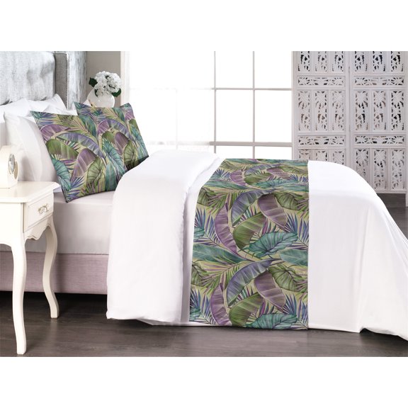 Floral Bed Runner Set, Jungle Vibe Tropical Leaf Pattern Print Vintage Exotic Artwork, Decorative Bedding Scarf & 2 Pillow Shams for Hotels Homes, King, Lilac Pale Khaki and Seafoam, by Ambesonne