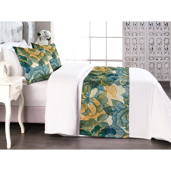 Floral Bed Runner Set, Linear Style Repeating Abstract Flowers Pattern Illustration Art, Decorative Bedding Scarf & 2 Pillow Shams for Hotels Homes, King, Pale Orange and Fern Green, by Ambesonne