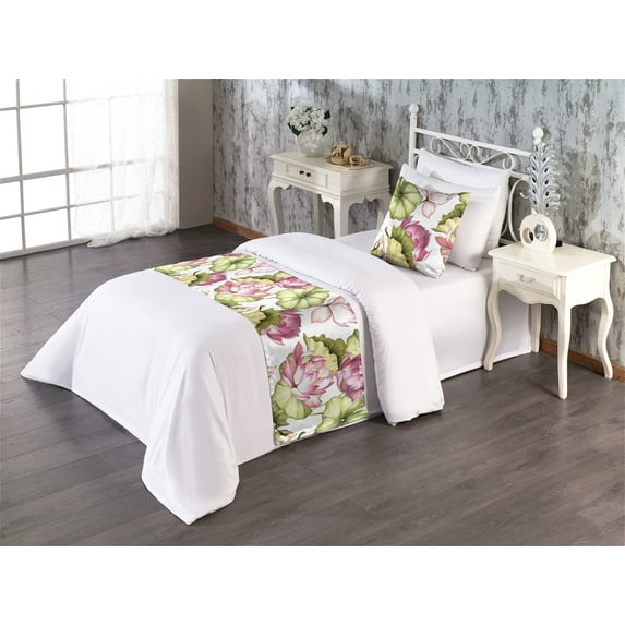 Floral Bed Runner Set, Lotus Petals and Leaves Pattern Exotic Flowers Water Lilies Blooming Art, Decorative Bedding Scarf & a Pillow Sham for Hotels Homes, Twin, Pink and Olive Green, by Ambesonne