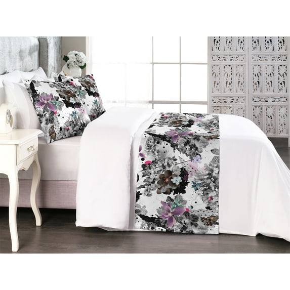 Floral Bed Runner Set, Magnolia Flowers Blooming Dotted and Achromatic Colored Leaves Print, Decorative Bedding Scarf & 2 Pillow Shams for Hotels Homes, Queen, Grey Brown and Pale Purple, by Ambesonne