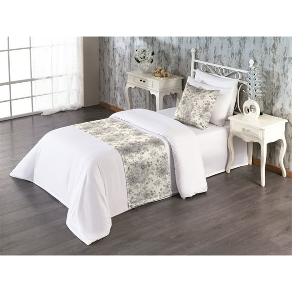 Floral Bed Runner Set, Minimalist Vibe Digital Illustrated Camomile Sketch Print Artwork, Decorative Bedding Scarf & a Pillow Sham for Hotels Homes, Twin, Eggshell and Charcoal Grey, by Ambesonne