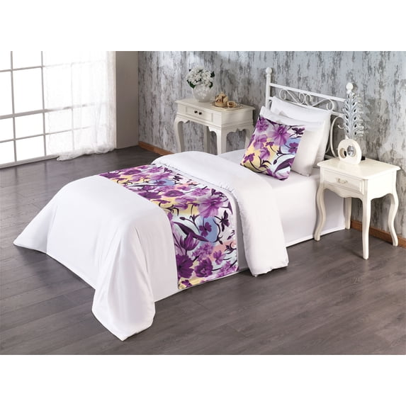 Floral Bed Runner Set, Oil Painting Print Flowers Boho Pattern on Colorful Brushstrokes Back, Decorative Bedding Scarf & a Pillow Sham for Hotels Homes, Twin, Purple Pale Lilac Mustard, by Ambesonne