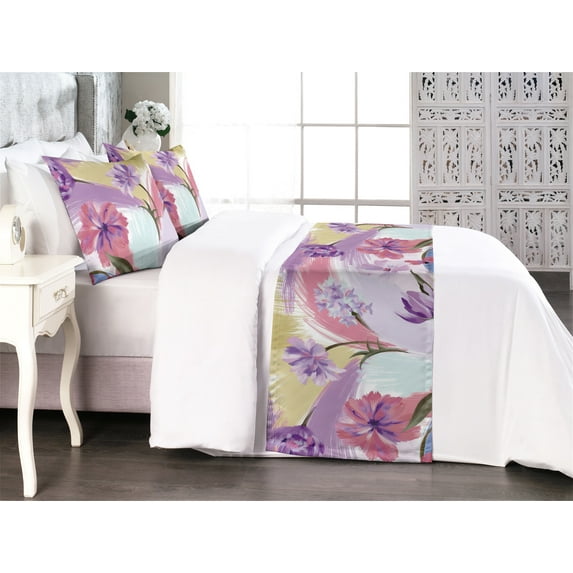Floral Bed Runner Set, Oil Painting Style Flower Sketches Pattern With Brush Strokes Print Art, Decorative Bedding Scarf & 2 Pillow Shams for Hotels Homes, King, Lilac Blush and Khaki, by Ambesonne