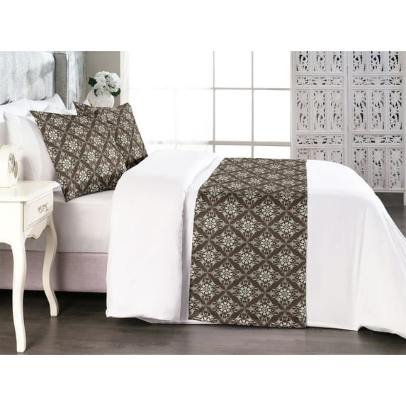 Floral Bed Runner Set, Oriental Vibes Damask Style Illustrated Blossom Pattern on Vintage Brown Tone Back, Decorative Bedding Scarf & 2 Pillow Shams for Hotels Homes, King, Umber Ivory, by Ambesonne