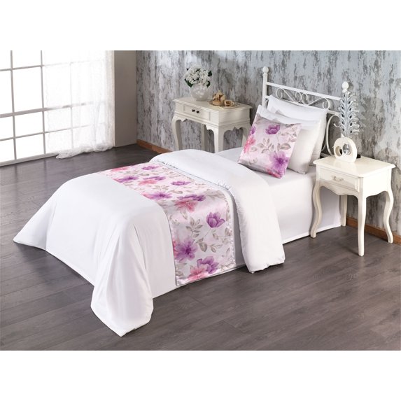 Floral Bed Runner Set, Pastel Colored Design Botanical Pattern of Soft Flowers Vintage Leaves, Decorative Bedding Scarf & a Pillow Sham for Hotels Homes, Twin, Pale Rose Purple Blush, by Ambesonne