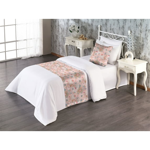 Floral Bed Runner Set, Pastel Colors od Echinacea Flowers in Watercolor Style Painting Ornament, Decorative Bedding Scarf & a Pillow Sham for Hotels Homes, Twin, Blush and Cadet Blue, by Ambesonne