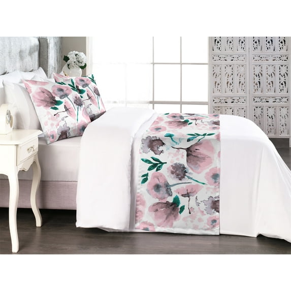 Floral Bed Runner Set, Pastel Dreamy Watercolor Flourishing Poppy Garden Minimal Painting Look, Decorative Bedding Scarf & 2 Pillow Shams for Hotels Homes, King, Dark Teal and Pale Pink, by Ambesonne
