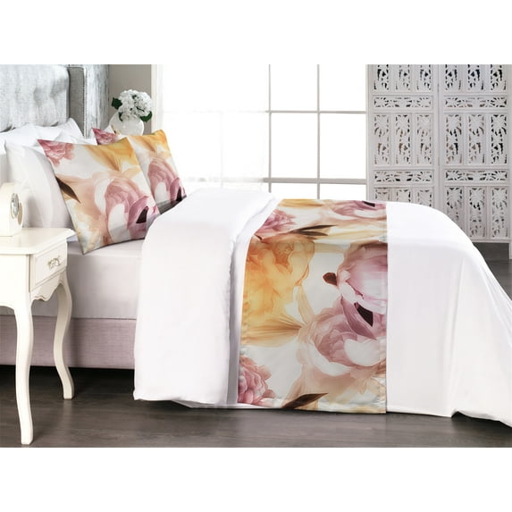 Floral Bed Runner Set, Pastel Flourishing of Peony Petals Romantic Concept Flower Pattern, Decorative Bedding Scarf & 2 Pillow Shams for Hotels Homes, Queen, Pale Pink and Dark Peach, by Ambesonne
