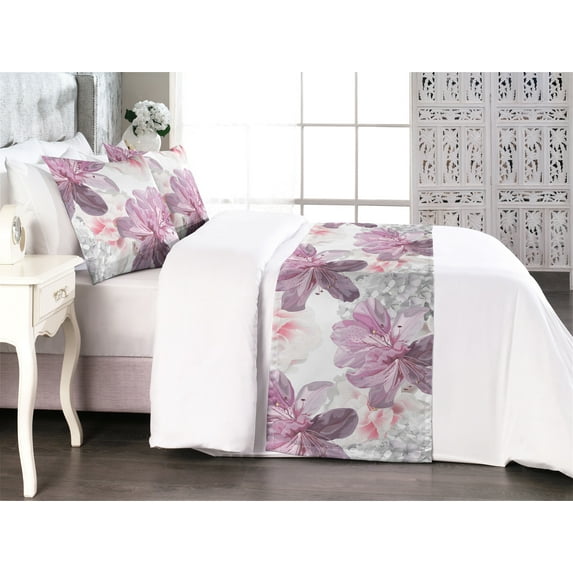 Floral Bed Runner Set, Pastel Hydrangea and Azalea Flowers Flourishing Soft Garden Pattern, Decorative Bedding Scarf & 2 Pillow Shams for Hotels Homes, King, Pale Eggplant Pastel Pink, by Ambesonne