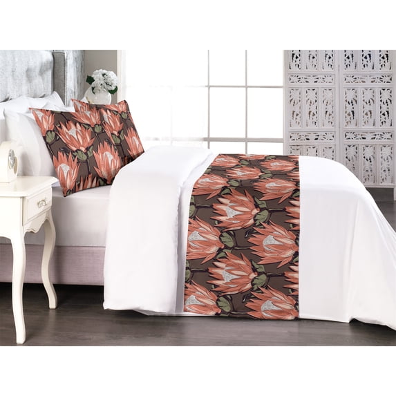Floral Bed Runner Set, Repeating Sugarbushes Nature Blossoming Flower Botanical Theme Pattern, Decorative Bedding Scarf & 2 Pillow Shams for Hotels Homes, King, Coral Brown Sage Green, by Ambesonne