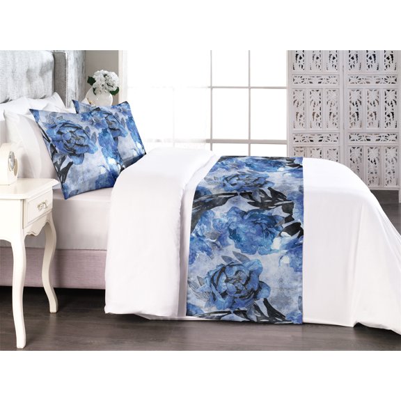 Floral Bed Runner Set, Retro Effect Cold Colors Pattern of Wild Peony Ornaments in Watercolor, Decorative Bedding Scarf & 2 Pillow Shams for Hotels Homes, King, Azure Blue and Dark Grey, by Ambesonne