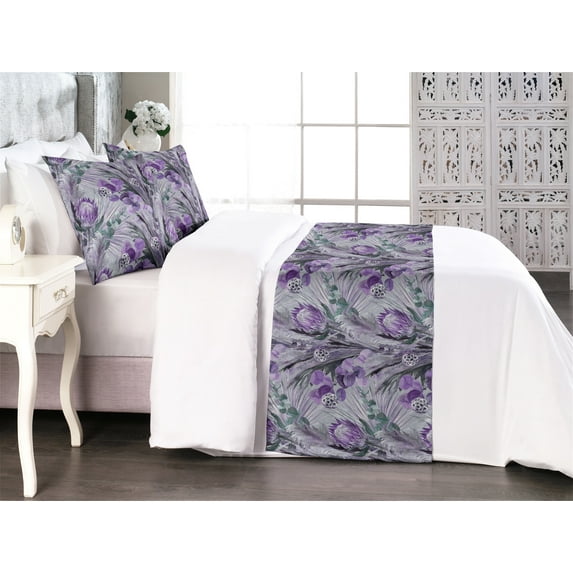 Floral Bed Runner Set, Retro Style Watercolor Design Meadow Bloom Leaves Vintage Exotics, Decorative Bedding Scarf & 2 Pillow Shams for Hotels Homes, King, Violet Mauve and Grey Teal, by Ambesonne
