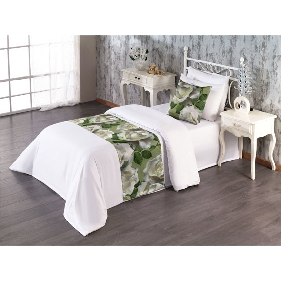 Floral Bed Runner Set, Romantic Innocent White Roses English Garden Inspired Petals, Decorative Bedding Scarf & a Pillow Sham for Hotels Homes, Twin, Olive Green Ivory and Emerald, by Ambesonne