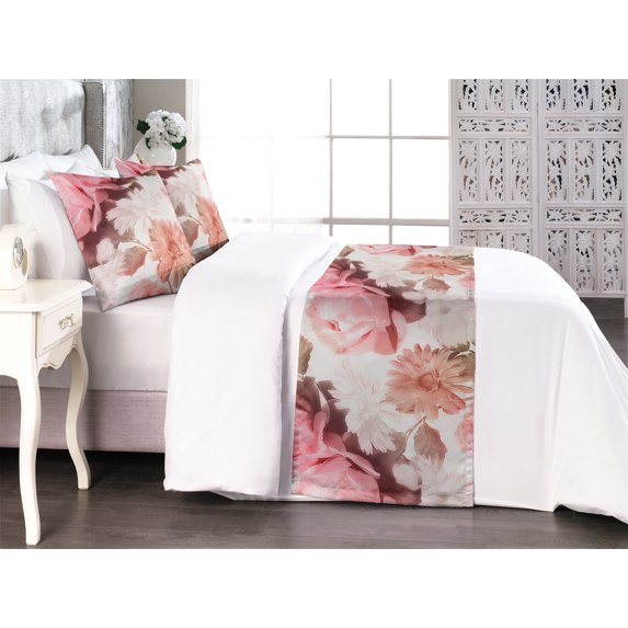 Floral Bed Runner Set, Roses and Gerberas Tender Blossoms of Spring Blurry Vintage Effect Romantic, Decorative Bedding Scarf & 2 Pillow Shams for Hotels Homes, King, Pale Pink Dark Tan, by Ambesonne