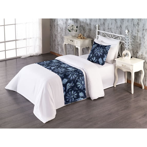 Floral Bed Runner Set, Simplistic Design Daisy Flowers and Leaves Chamomile Ornaments on Dark Back, Decorative Bedding Scarf & a Pillow Sham for Hotels Homes, Twin, Ceil Blue Indigo, by Ambesonne