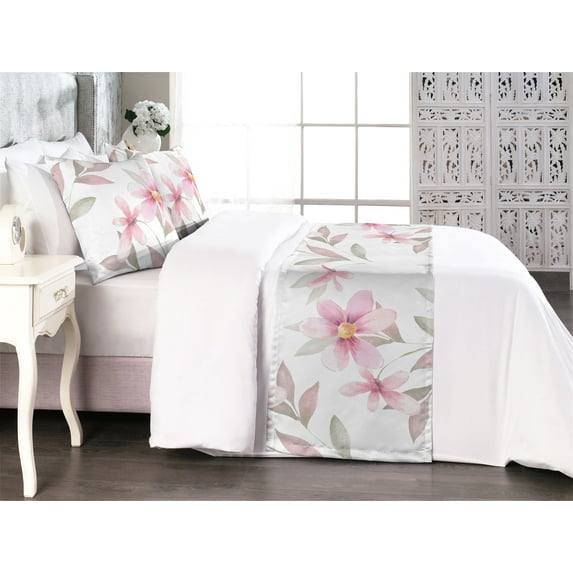 Floral Bed Runner Set, Soft Floral Garden with Tender Watercolor Flowers and Leaves Print, Decorative Bedding Scarf & 2 Pillow Shams for Hotels Homes, King, Pastel Pink and Sage Green, by Ambesonne