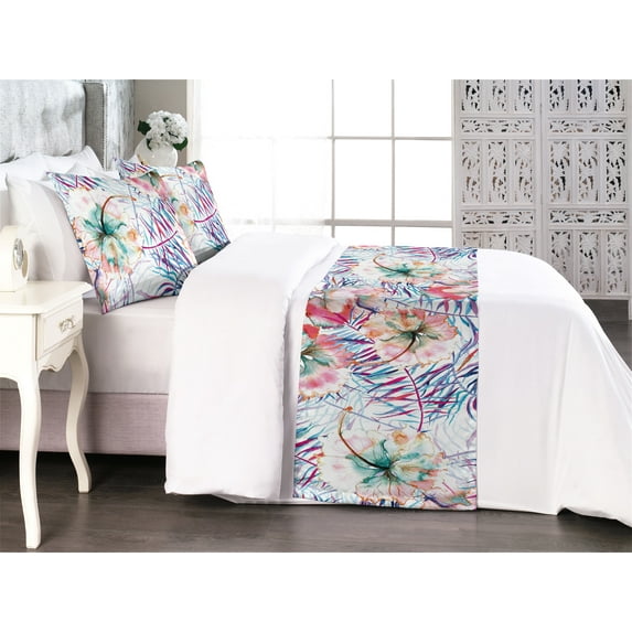 Floral Bed Runner Set, Spring Vibe Jumble Garden Themed Watercolor Painting Effect Tropical Flowers, Decorative Bedding Scarf & 2 Pillow Shams for Hotels Homes, King, Coral Multicolor, by Ambesonne