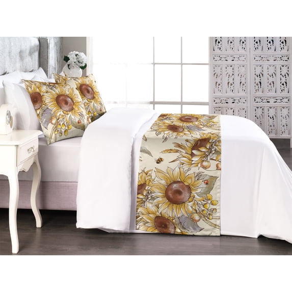 Floral Bed Runner Set, Summer Bloom Sunflower Pattern with Bees and Ladybugs Vintage Art, Decorative Bedding Scarf & 2 Pillow Shams for Hotels Homes, King, Chocolate Mustard and Cream, by Ambesonne