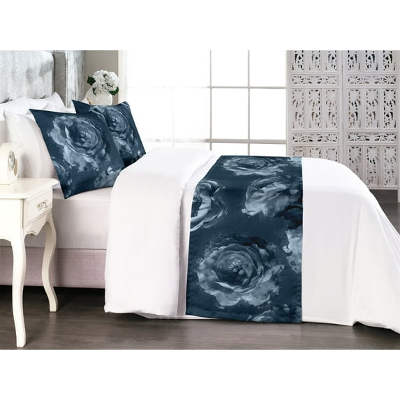Floral Bed Runner Set, Vintage Blossoming Peony Flowers in Cold Colors Blurry Effect Ornament, Decorative Bedding Scarf & 2 Pillow Shams for Hotels Homes, King, Dark Slate Blue, by Ambesonne