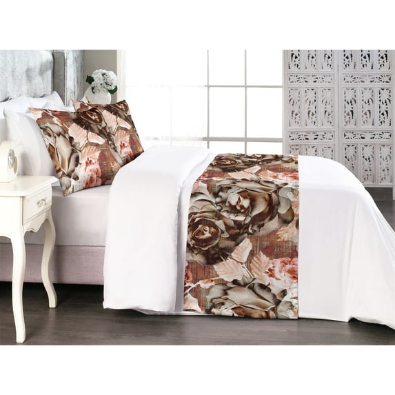 Floral Bed Runner Set, Vintage Graphic Flourishes Pattern of Roses Leaves and Peony Print, Decorative Bedding Scarf & 2 Pillow Shams for Hotels Homes, King, Cinnamon Brown and Pale Ruby, by Ambesonne