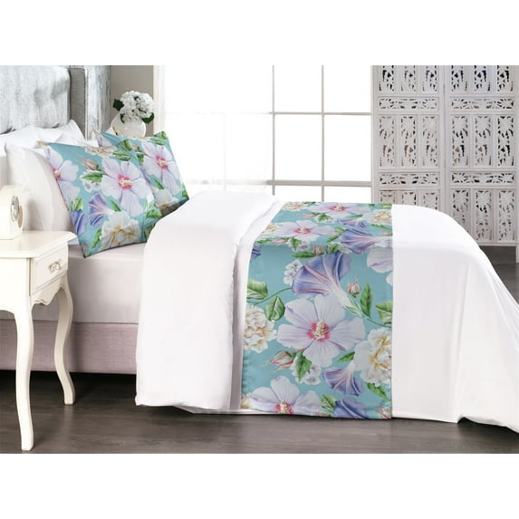 Floral Bed Runner Set, Vintage Style Blooming Pastel Hibiscus and Rose Flowers with Leaves, Decorative Bedding Scarf & 2 Pillow Shams for Hotels Homes, Queen, Lilac Seafoam and Green, by Ambesonne