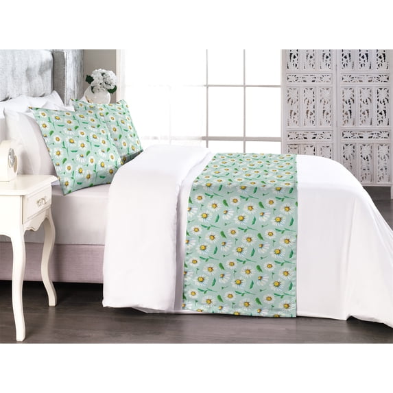 Floral Bed Runner Set, Vintage Style Digital Drawn Sunflower Illustration Pattern Artwork, Decorative Bedding Scarf & 2 Pillow Shams for Hotels Homes, King, Fern Green and Earth Yellow, by Ambesonne