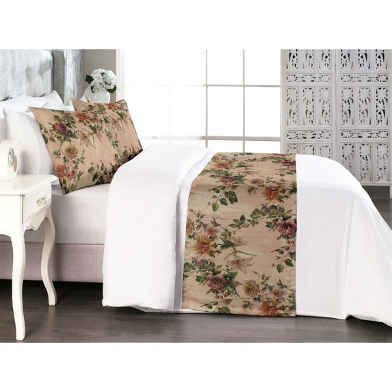 Floral Bed Runner Set, Vintage Themed Botanical Ornament of Flowers and Leaves on Grunge Back, Decorative Bedding Scarf & 2 Pillow Shams for Hotels Homes, King, Salmon Green Pale Rust, by Ambesonne