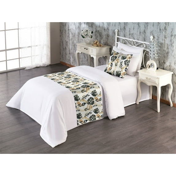 Floral Bed Runner Set, Watercolor Abstract Flowers Nature Romantic Branch and Leaves Art, Decorative Bedding Scarf & a Pillow Sham for Hotels Homes, Twin, Dark Grey and Pastel Brown, by Ambesonne