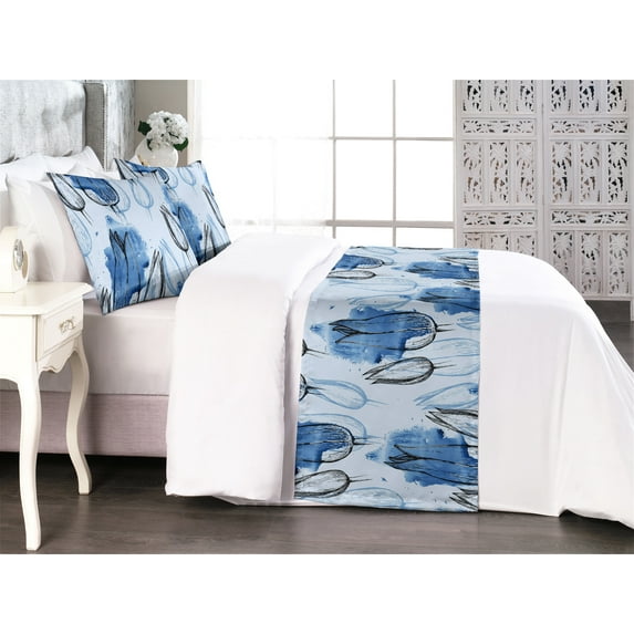 Floral Bed Runner Set, Watercolor Design Blossoming Flowers Painting in Aquatic Colors Print, Decorative Bedding Scarf & 2 Pillow Shams for Hotels Homes, Queen, Sea Blue and Soft Blue, by Ambesonne
