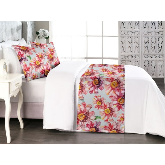 Floral Bed Runner Set, Watercolor Effect Modern Spring Vibes Flowers Summer Vibes Garden Art, Decorative Bedding Scarf & 2 Pillow Shams for Hotels Homes, Queen, Soft Blue Coral and Plum, by Ambesonne