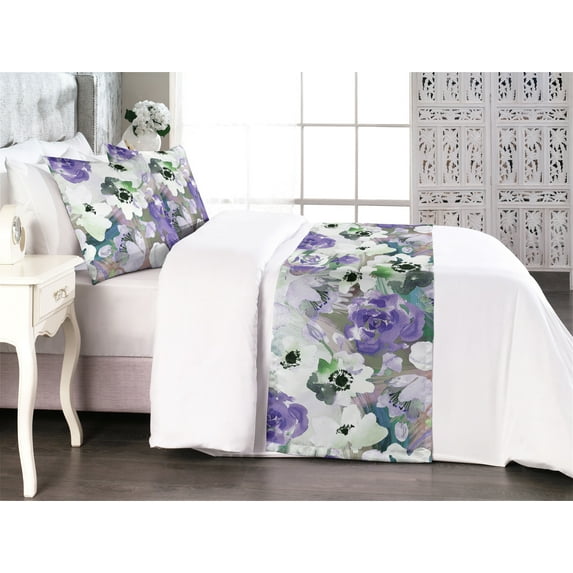 Floral Bed Runner Set, Watercolor Effect Pattern with Blooming Abstract Spring Petals, Decorative Bedding Scarf & 2 Pillow Shams for Hotels Homes, Queen, Blue Violet and Laurel Green, by Ambesonne