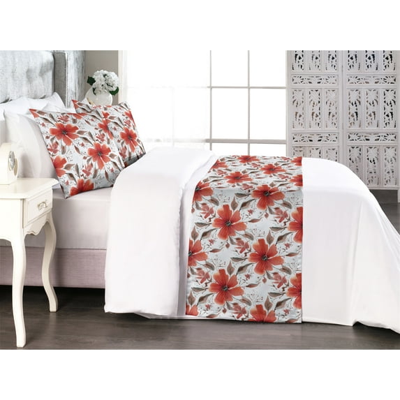 Floral Bed Runner Set, Watercolor Style Vintage Garden Vibes Flower Concept Retro Autumn, Decorative Bedding Scarf & 2 Pillow Shams for Hotels Homes, Queen, Pale Sepia Salmon and White, by Ambesonne