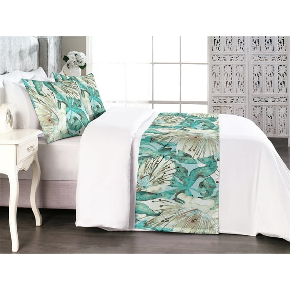 Floral Bed Runner Set, Wild Nature Theme Forest Flower Watercolor With Leaves Print Artwork, Decorative Bedding Scarf & 2 Pillow Shams for Hotels Homes, King, Ivory Seafoam Turquoise, by Ambesonne