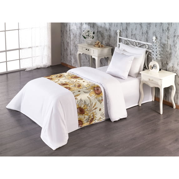 Floral Bed Runner, Summer Bloom Sunflower Pattern with Bees and Ladybugs Vintage Art, Decorative Accent Bedding Scarf for Hotels Homes & Guest Rooms, Twin, Chocolate Mustard and Cream, by Ambesonne