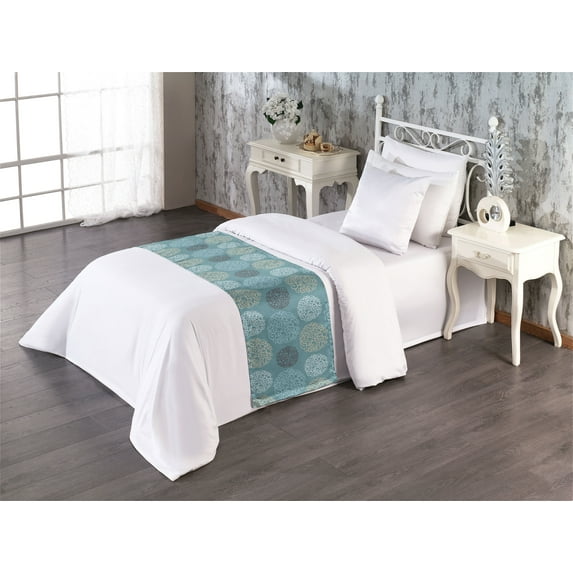 Floral Bed Runner, Swirly Floral Like Scribbles Lace Design Orderly Repeated Pattern of Art, Decorative Accent Bedding Scarf for Hotels Homes & Guest Rooms, Twin, Cadet Blue White Ecru, by Ambesonne