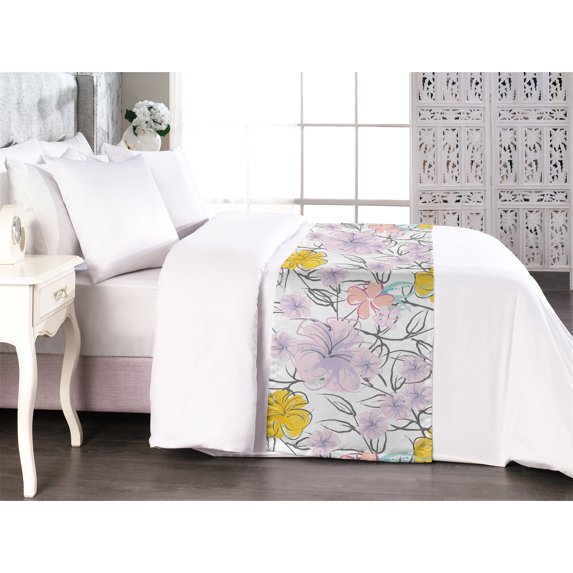 Floral Bed Runner, Tropical Hibiscus Flowers Hawaiian Themed Ornamental Sketch Drawing, Decorative Accent Bedding Scarf for Hotels Homes & Guest Rooms, Queen, Mustard Lavender and Grey, by Ambesonne