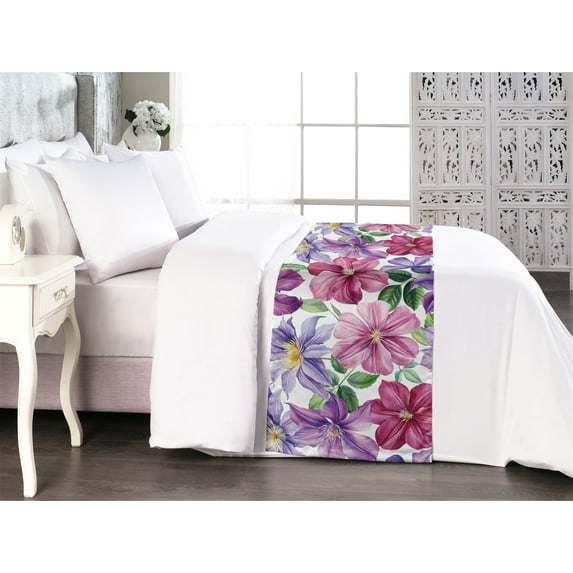 Floral Bed Runner, Vintage Atmosphere of Colorful Garden Flowers Spring Nature Concept, Decorative Accent Bedding Scarf for Hotels Homes & Guest Rooms, King, Lilac Indigo and Magenta, by Ambesonne