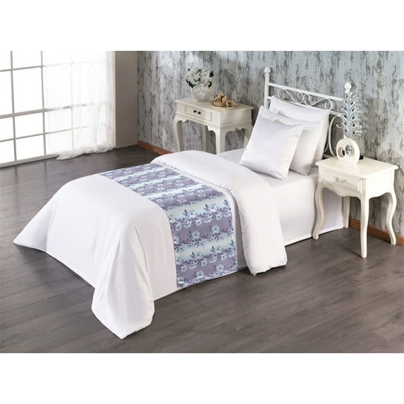 Floral Bed Runner, Vintage Flowers Ornament Romance Themed Blossoming Spring on Ombre Back, Decorative Accent Bedding Scarf for Hotels Homes & Guest Rooms, Twin, Pale Eggplant Soft Blue, by Ambesonne