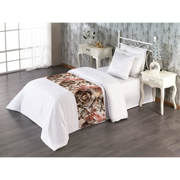 Floral Bed Runner, Vintage Graphic Flourishes Pattern of Roses Leaves and Peony Print, Decorative Accent Bedding Scarf for Hotels Homes & Guest Rooms, Twin, Cinnamon Brown and Pale Ruby, by Ambesonne