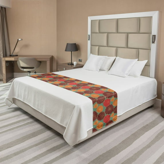 Floral Bed Runner, Vintage Inspired Carnation and Calendula Bouquets Perennial Plants Blooms, Decorative Accent Bedding Scarf for Hotels Homes and Guestrooms, Queen, Burnt Orange and Red, by Ambesonne