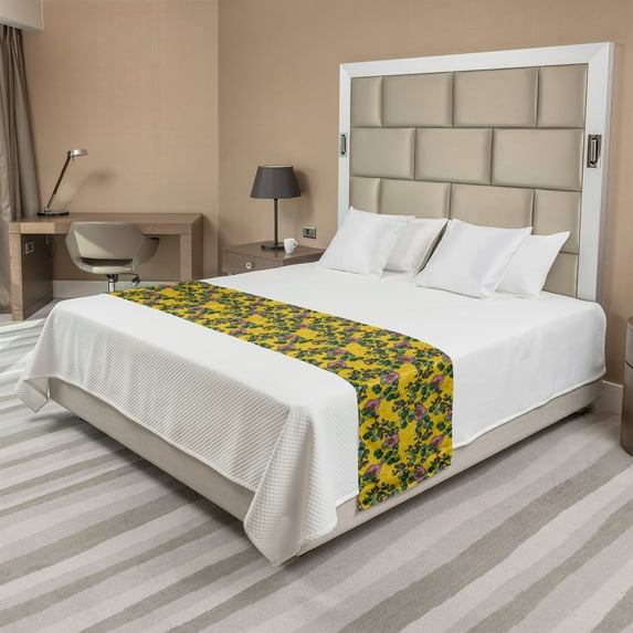 Floral Bed Runner, Vintage Inspired Illustration of Meadow Flowers and Herbs Pattern, Decorative Accent Bedding Scarf for Hotels Homes and Guestrooms, Queen, Earth Yellow Pink and Green, by Ambesonne
